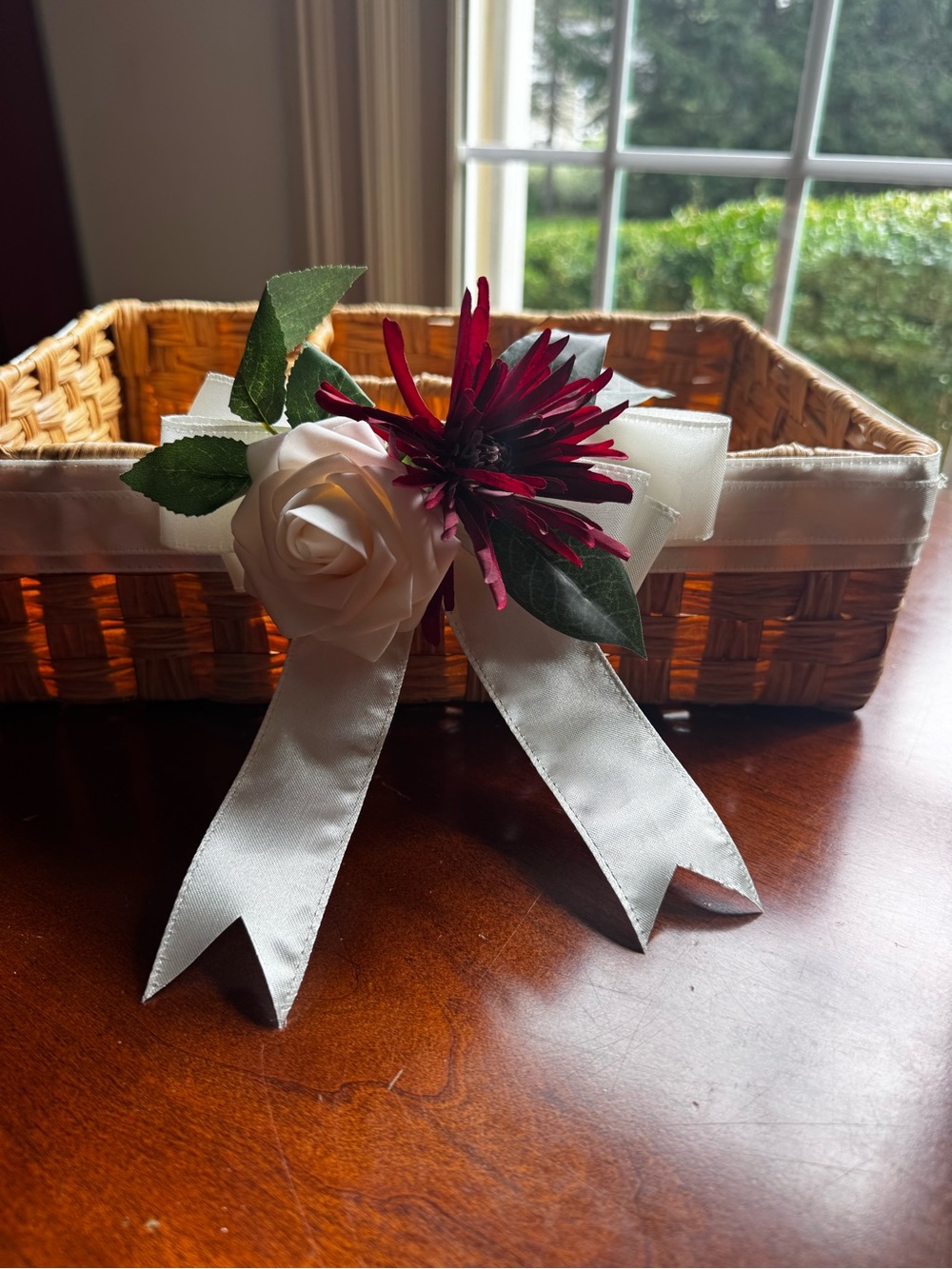 Ivory Ribbon Floral Accent Decorative Rattan Basket